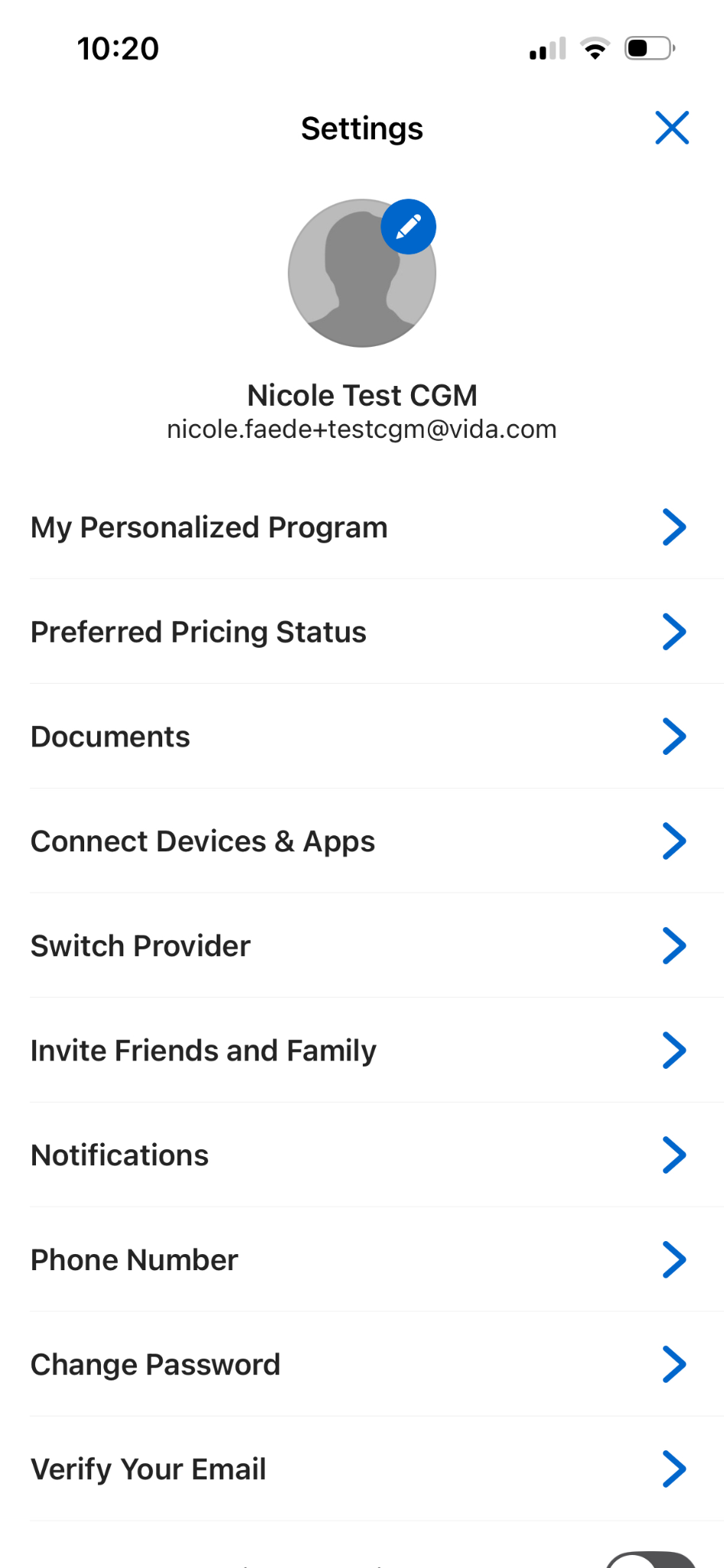 Screenshot of settings screen