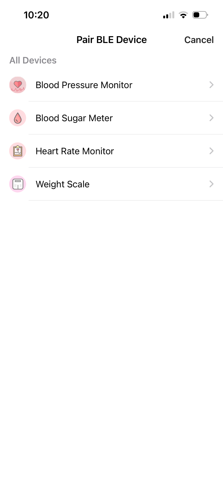 Screenshot of device categories screen. Top of screen says "Pair BLE Device."