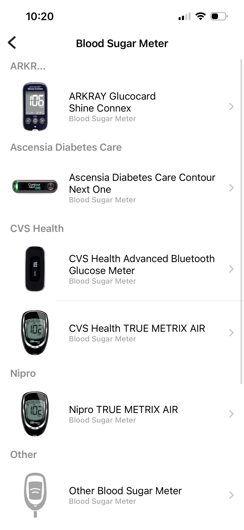 Screenshot of Blood Sugar Meter screen showign Ascensia Diabetes Care Contour Next One example.