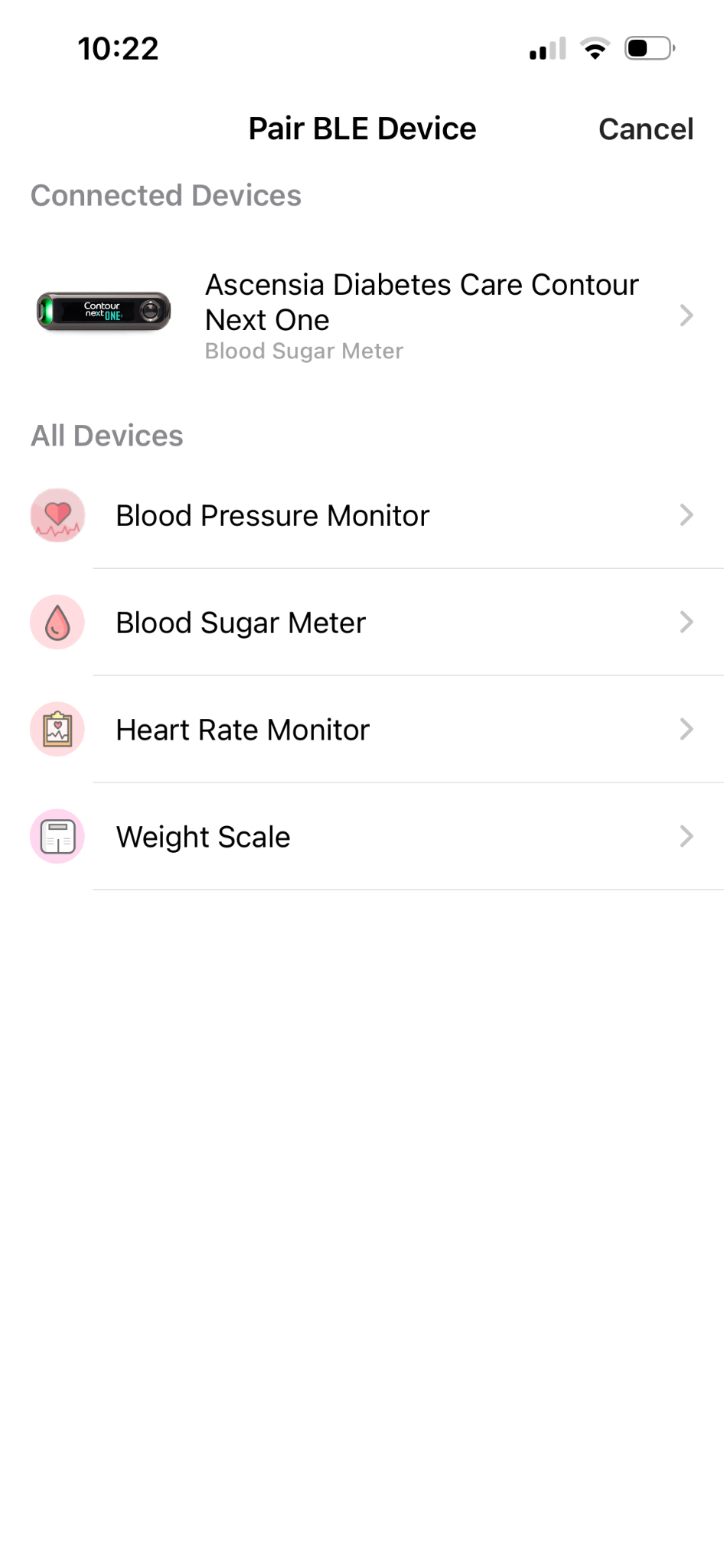 Screenshot of the "BLE" screen showing the device is connected.