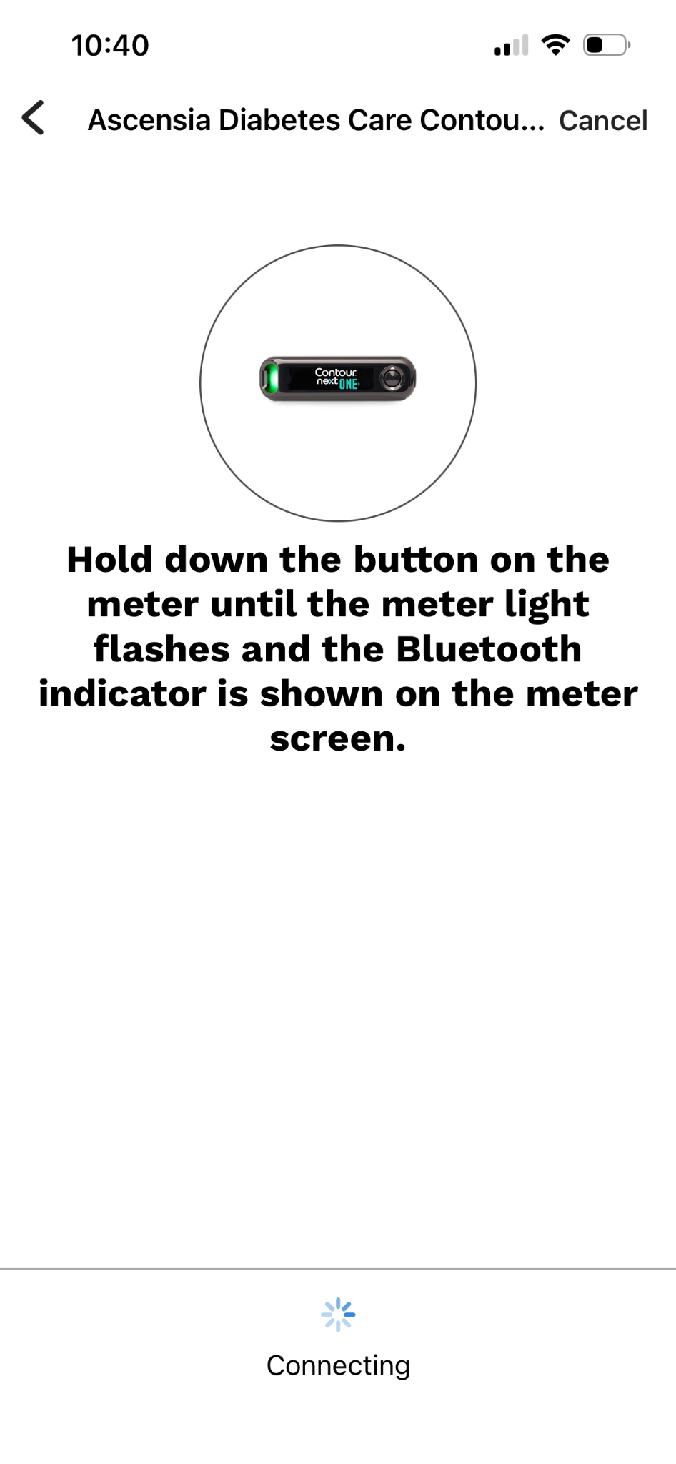 Screenshot of pairing screen with instructions for how to handle on device listed. "Hold down the button on the meter until the meter light flashes and the Bluetooth indicator is shown on the meter screen."